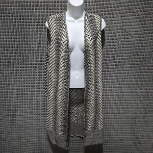 Long Knit Duster Vest Cardigan XL Black White Lightweight Western Boho Chic VTG